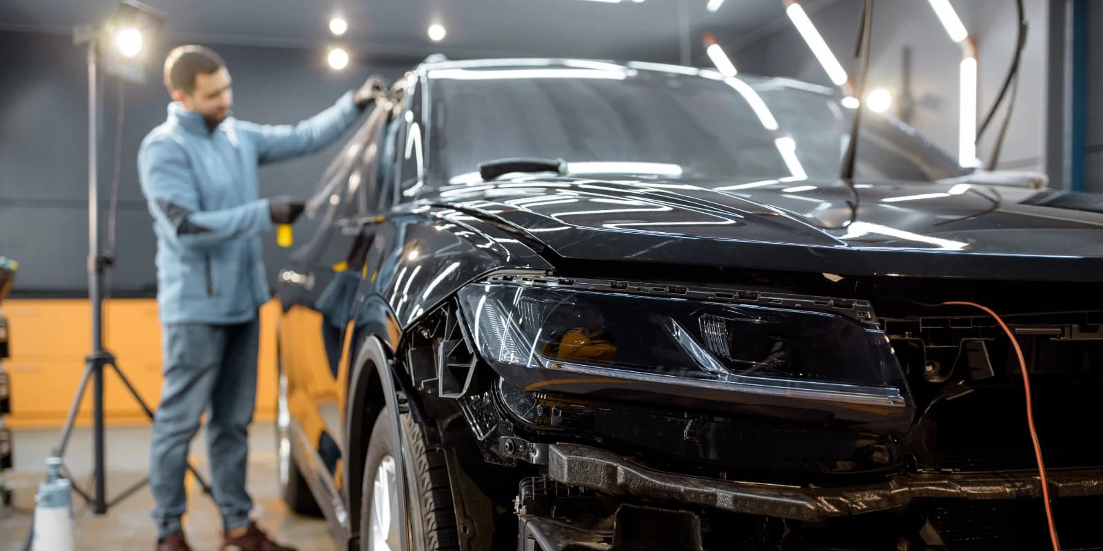 Technician repairing collision damage on a car at Spargo Collision Center in Denver