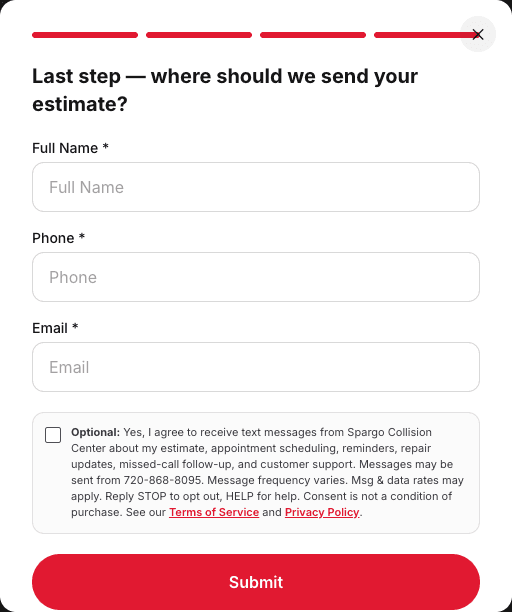 Final estimate form step showing a separate optional SMS checkbox in its unchecked state